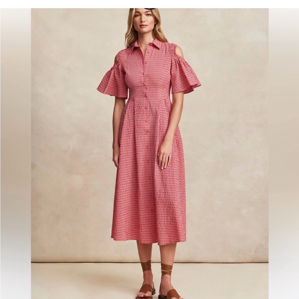 PEARL by LELA ROSE Poppy Multi Checked Cold-Shoulder Button Midi-Maxi Dress